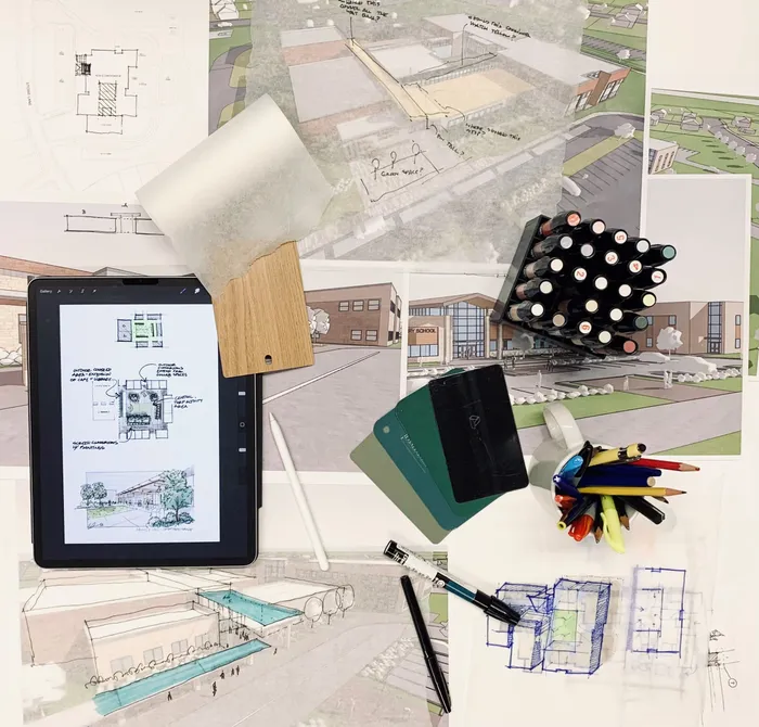 Overhead photograph of the studio desk: iPad courtyard-study sketch, printed renderings, and marker caddy