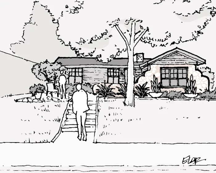 Hand-drawn architectural sketch: Paradowski, exterior study