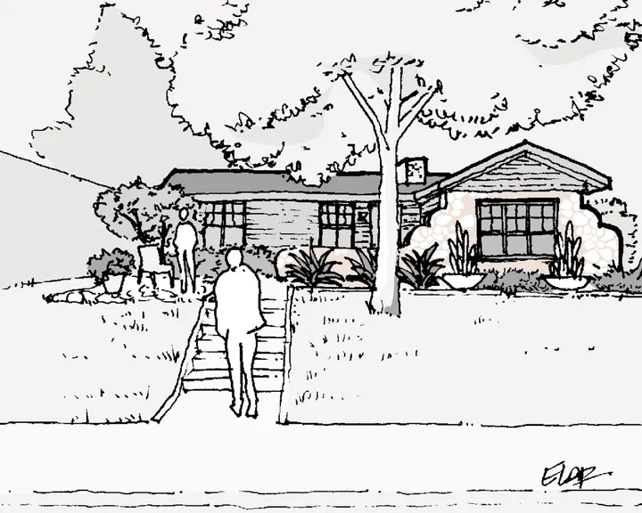 Hand-drawn architectural sketch: Paradowski, exterior study