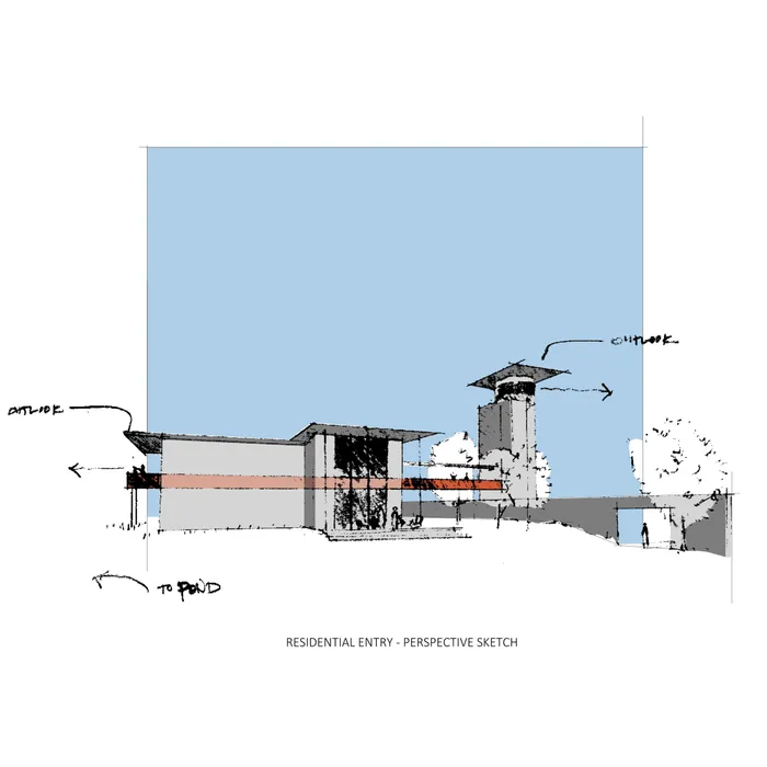 Hand-drawn architectural sketch: ZQ Ranch, entry perspective