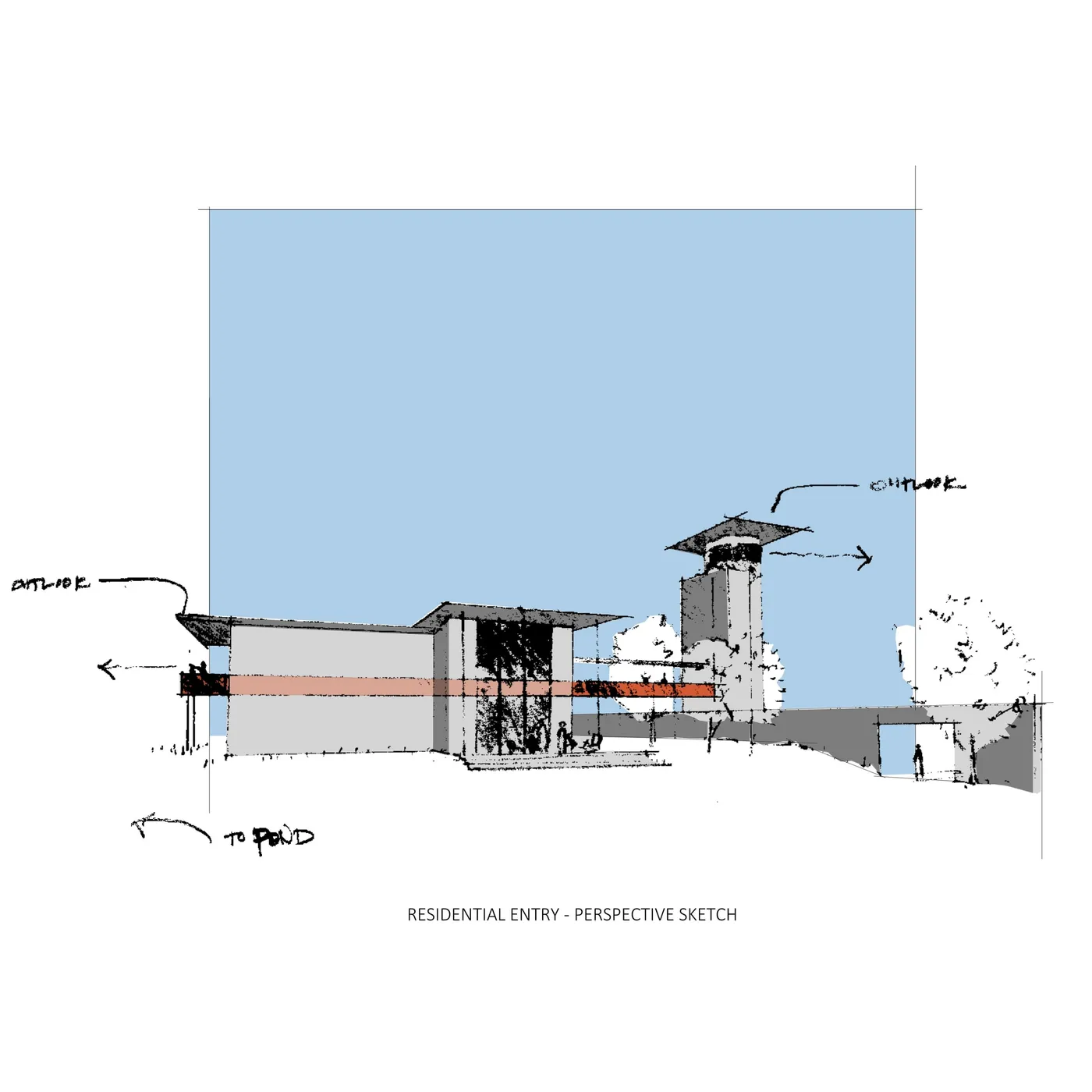 Hand-drawn architectural sketch: ZQ Ranch, entry perspective