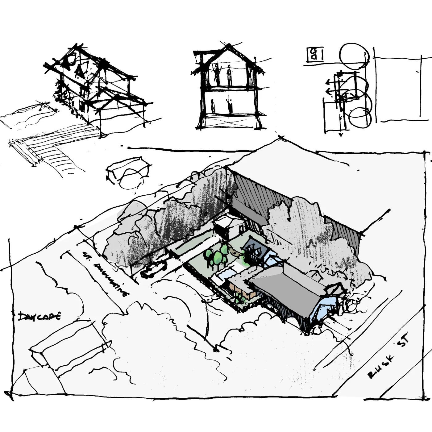 Hand-drawn architectural sketch: ZQ Ranch, site axonometric