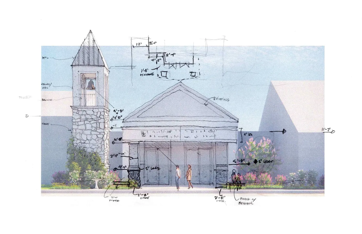 Hand-drawn architectural sketch: ZQ Ranch, tower elevation